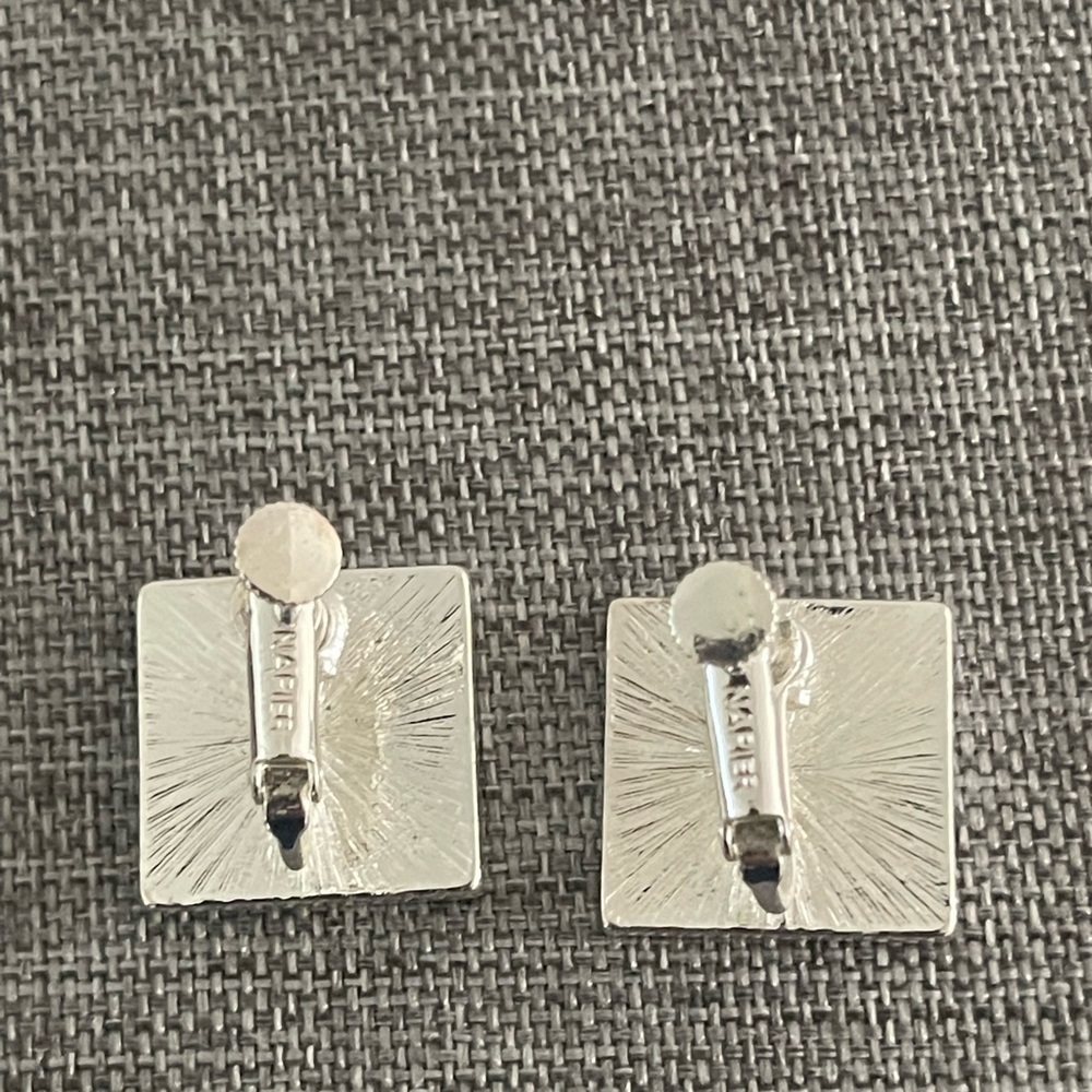 Vintage Napier Mother of Pearl Enamel 50” Silver-Tone Screw Back Earrings - Picture 2 of 5